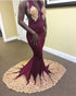 Backless Gold Lace Burgundy Mermaid Prom Dresses Deep V-Neck Sexy Evening Gowns